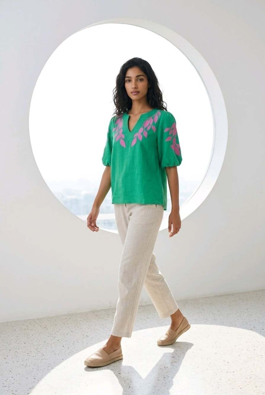 VOY Green Floral Lace V-NeckBoho Embroidered Puff Bubble Sleeve Cotton Linen Mix - Picture 12 of 15
